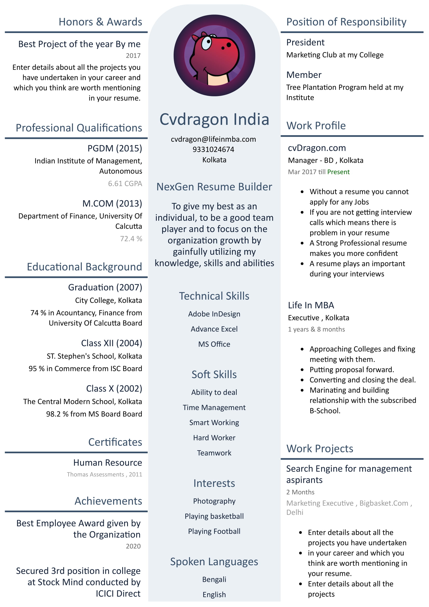 professional CV created with cvDragon 